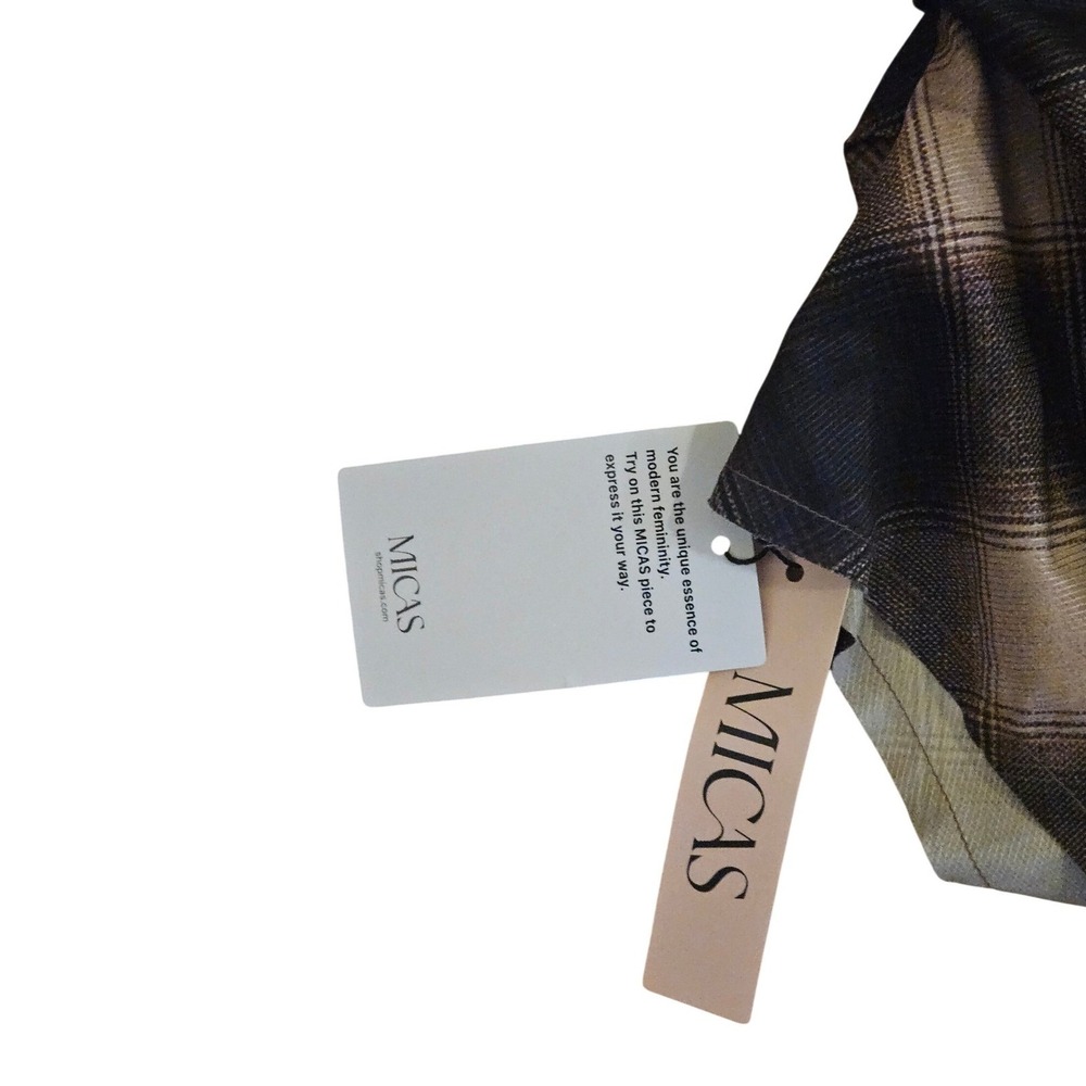 Plaid Asymmetric Short-Sleeve Blouse - Beige/Brown - Picture 3 of 3